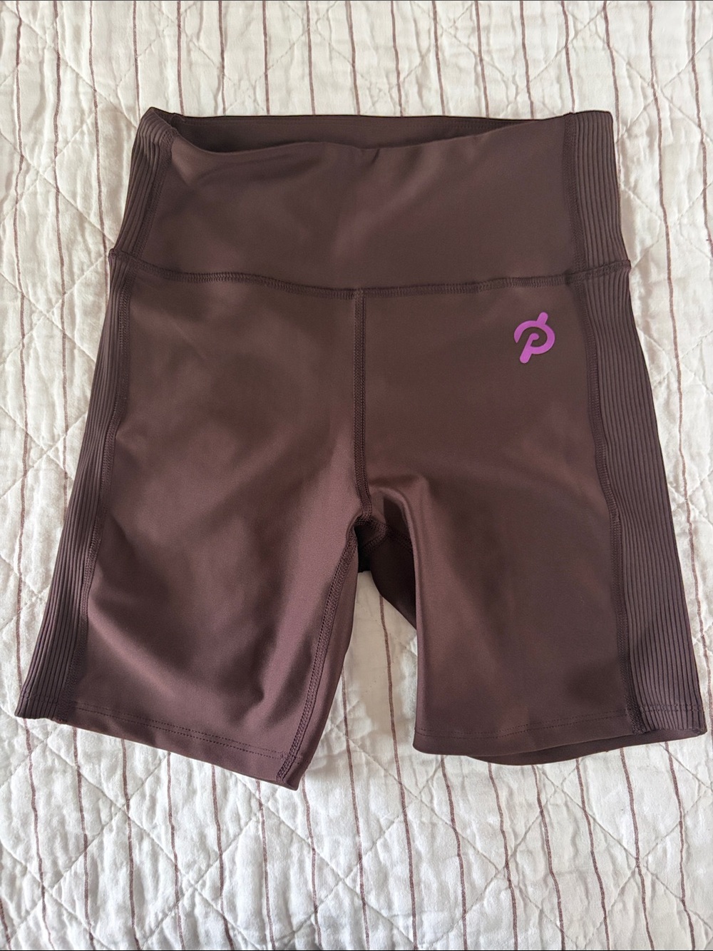 Peloton Chocolate Brown High-Waist Bike Shorts with Purple Logo